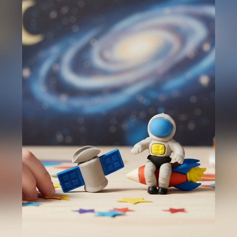 (Lot Of 3) 3D Puzzle 1" Miniature Multi-Color Erasers Figural Outer Space Themed